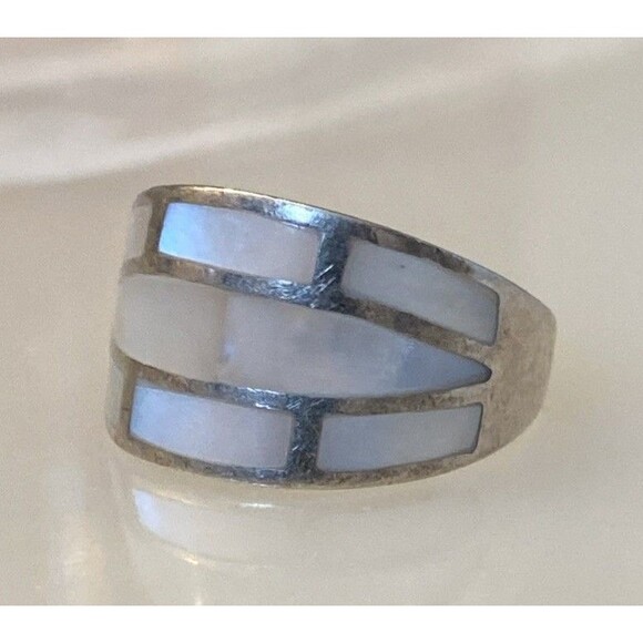 Unbranded Jewelry - Mother of Pearl Inlay 925 Sterling Silver Nacre Iridescent Mosaic Tile Ring 7.5